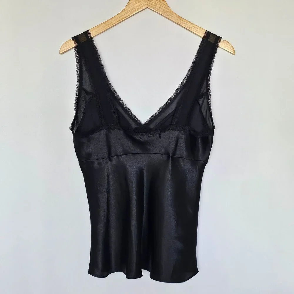 California Dynasty Black Satin‎ Lace Camisole Babydoll Top Size M Whimsigoth 90s